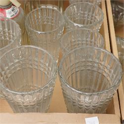 Set of twelve glass vases H25cm, three glass soda syphons and a set of seven glass vases in two sizes