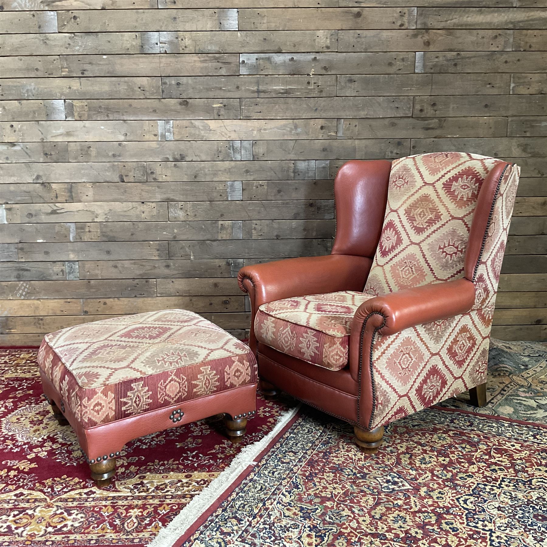 Tetrad Eastwood Wingback Leather Kilim Armchairs Brown with footstool,