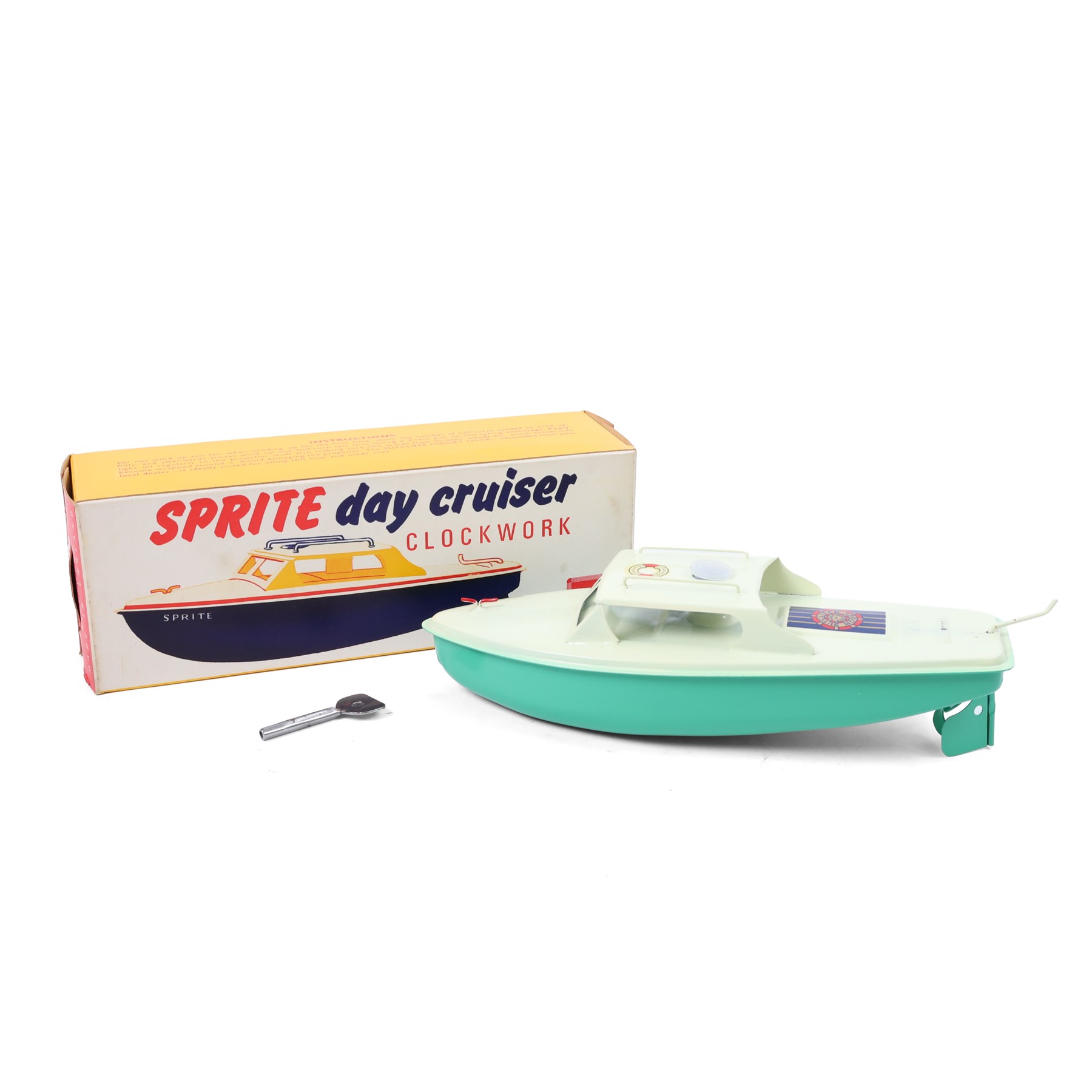 Sutcliffe Models tinplate clockwork Day Cruiser 'Sprite', in green and cream livery with red details, with key, boxed