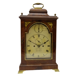  Early 19th century mahogany bracket clock, 9 1/4in arched white enamel Roman dial with blued steel hands, subsidiary date and strike/silent dials, inscribed Rob. Wood, Kent Road, twin fusee movement striking the hours on a bell with pull repeat, caddy top case with brass handle, finials and bracket feet, H50cm  