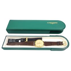 Longines Admiral gentleman's 18ct gold automatic presentation wristwatch, gilt dial with date aperture, stamped 18K, on brown leather strap with Longines buckle and additional Longines black strap and buckle, boxed