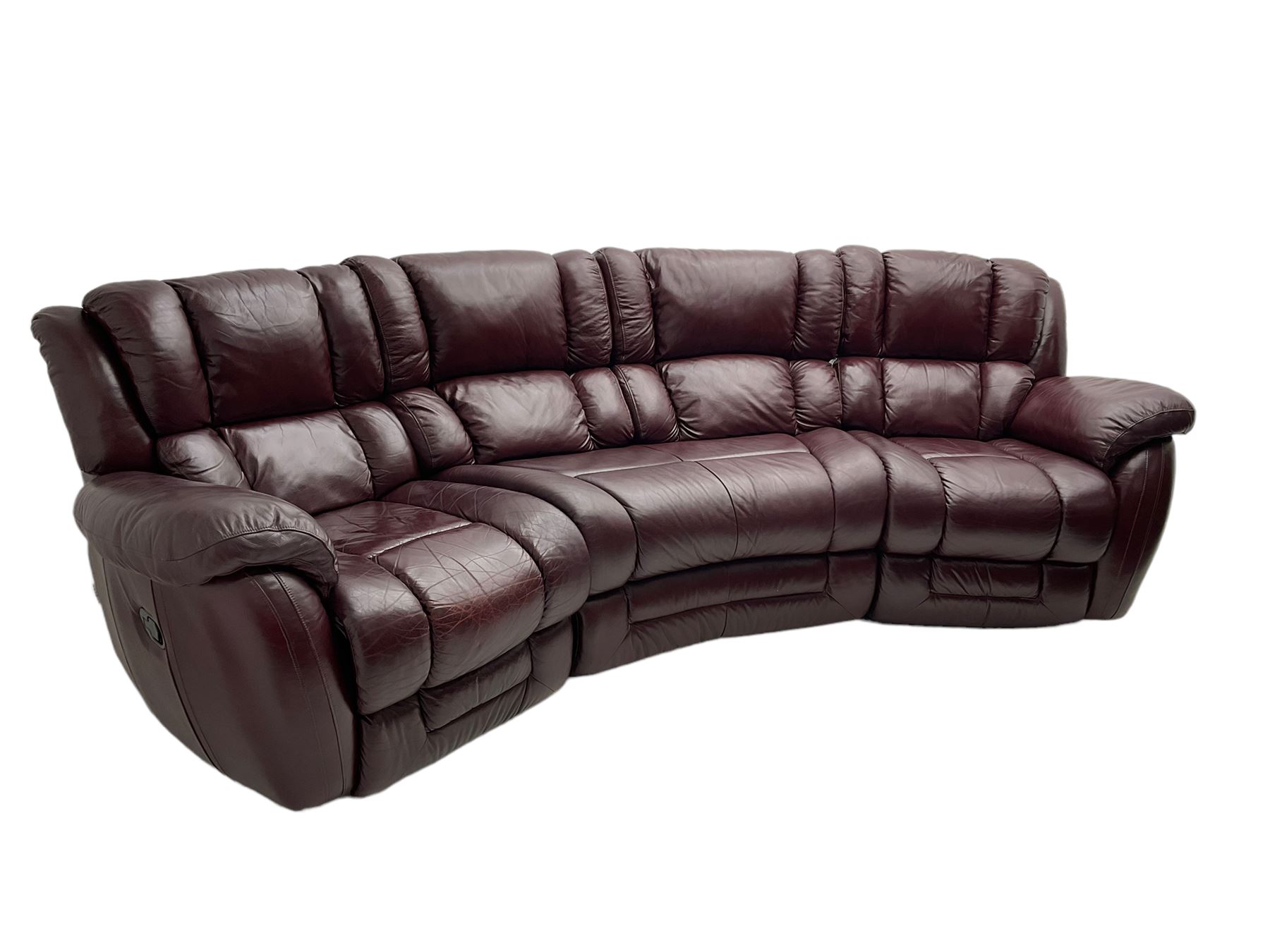 La-Z-boy - large three seat curved sofa, fitted with with end recliners, upholstered in maroon leather