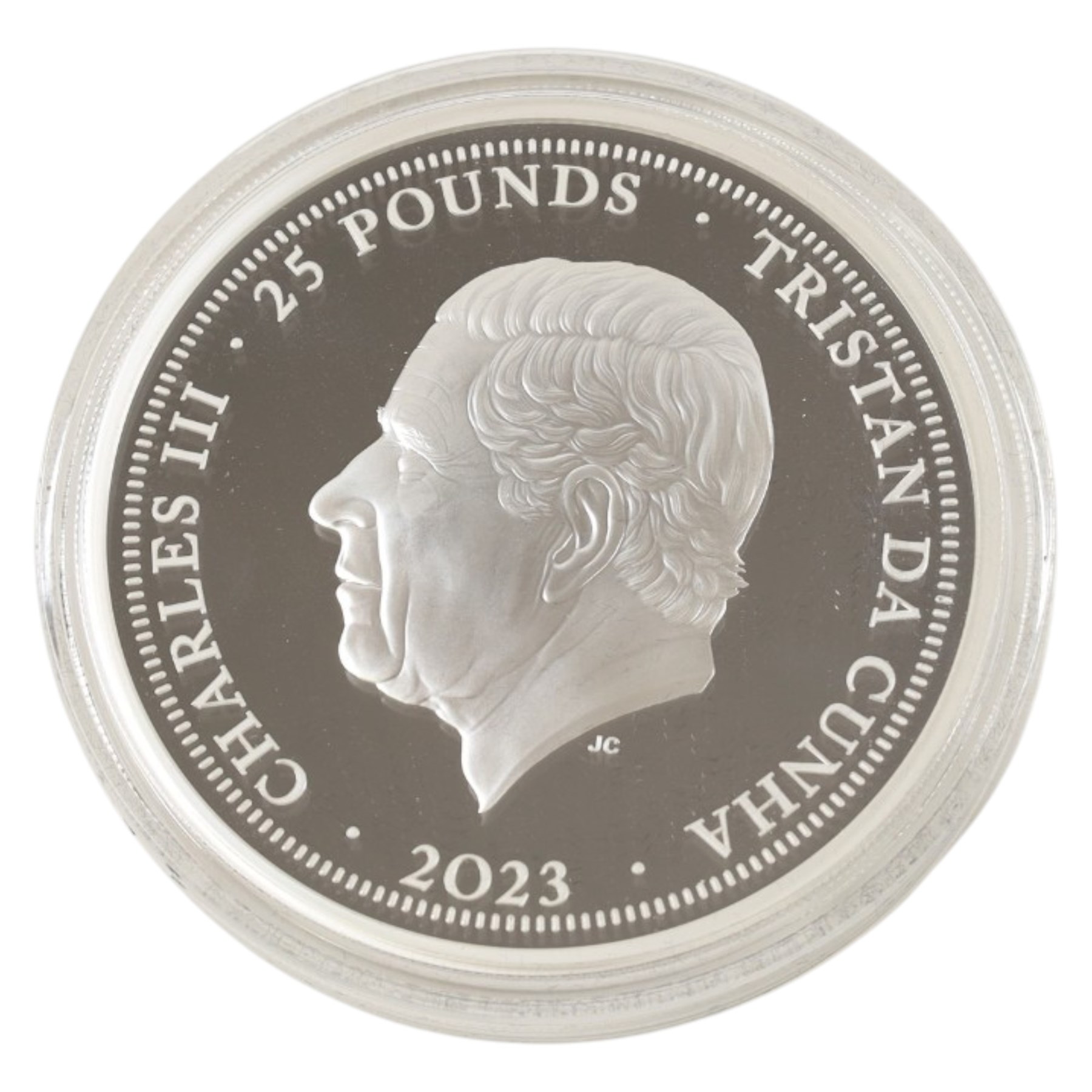 King Charles III Tristan da Cunha 2023 'Queen Elizabeth II Memorial' five ounce fine silver proof twenty-five pound coin, issued by the Jubilee Mint, cased with certificate