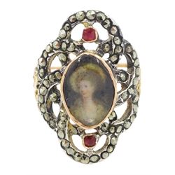 19th century gold and silver marcasite portrait ring, set with an oval miniature of a woma...