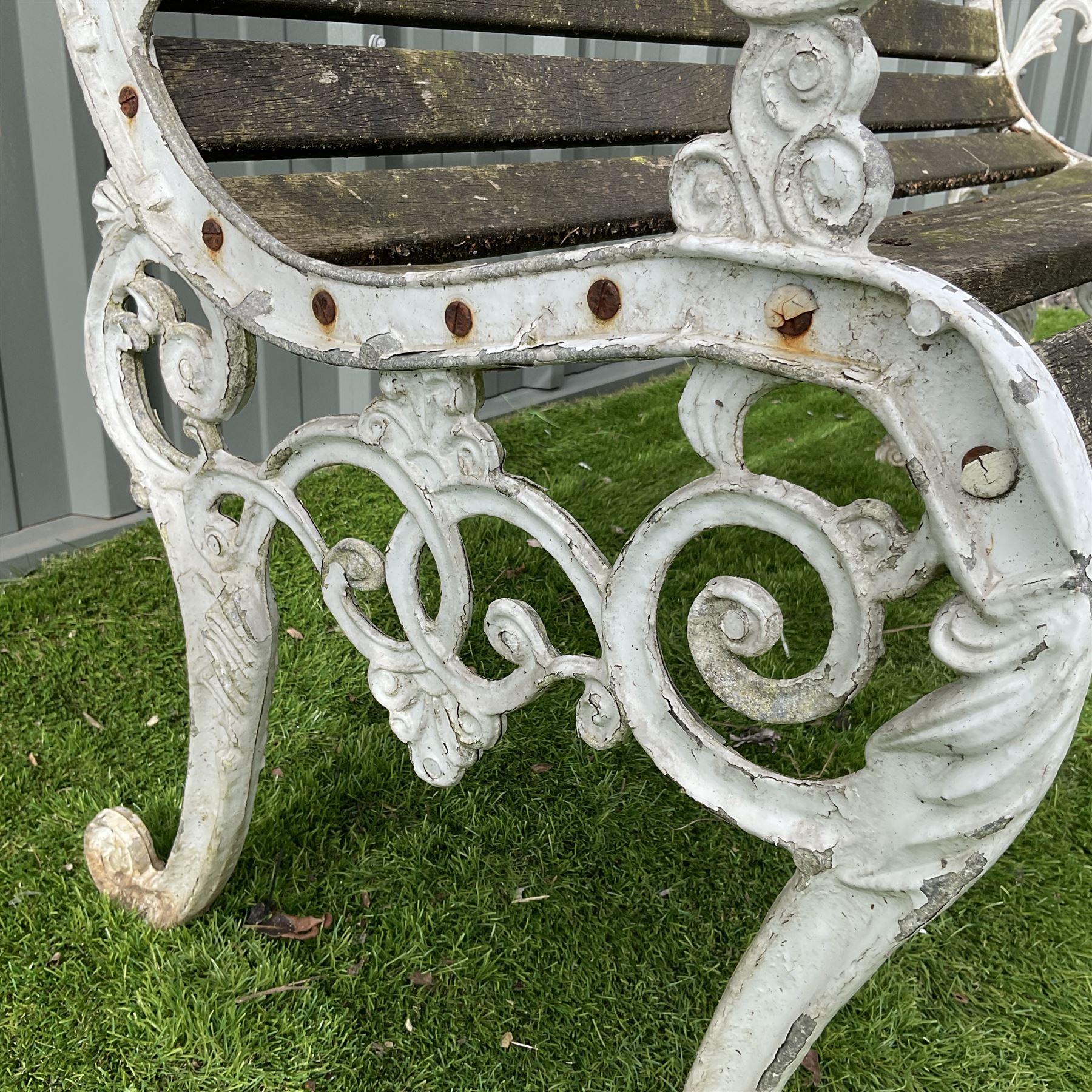 Cast aluminium and wood slatted garden bench painted in white  - THIS LOT IS TO BE COLLECTED BY APPOINTMENT FROM DUGGLEBY STORAGE, GREAT HILL, EASTFIELD, SCARBOROUGH, YO11 3TX