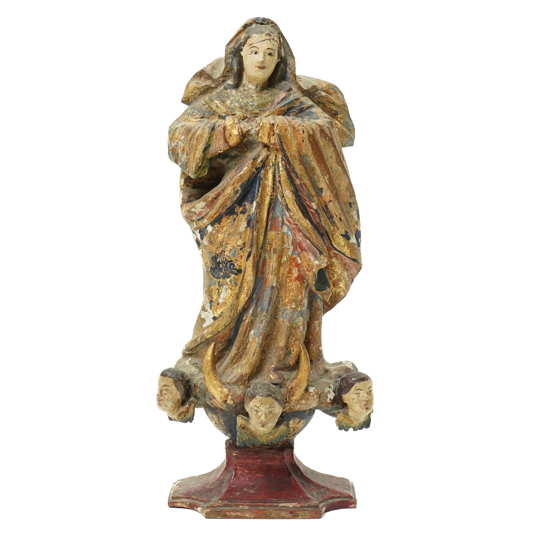 18th century Spanish Colonial Andean polychrome painted and carved giltwood figure of the Virgin of the Immaculate Conception, standing in prayer upon a crescent moon and cherub heads H29cm