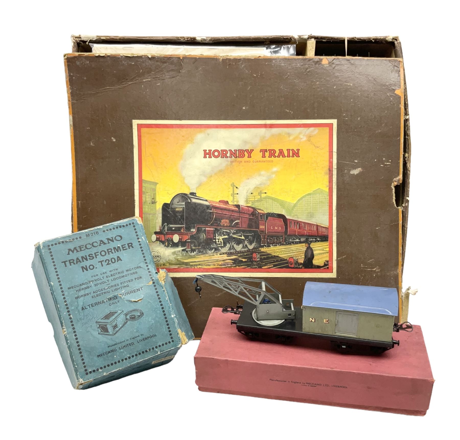 Hornby '0' gauge - three-rail electric train set with LNER Riviera Blue 4-4-2 locomotive 'Flying Scotsman' No.4472 and No.3 tender, No.2 Special Pullman Coach 'Loraine', No.2 Special Pullman Composite Coach 'Verona', goods wagon with Furniture Removals container, boxed Circuit Breaker, two boxes of Connecting Plates, boxed Terminal Connecting Plate and quantity of track; boxed with paperwork; together with Breakdown Van and Crane and Transformer No.T20A; both boxed