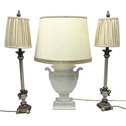 Ceramic table lamp of urn form with bird mask handles, upon a stepped rectangular base, together with two other, including shade H73cm 