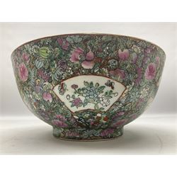 Chinese Famille Rose bowl, decorated with panels of figures in garden scenes, against a ground decorated with blossoming flowers, with character seal mark beneath, D31cm