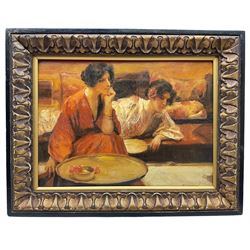 Paul Musin (Belgian 20th Century): Two 1920s Ladies on a Train, oil on panel signed 23cm x 32cm