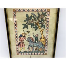 German School (14th century): 'Bruno von Hornberg' and 'Kol von Nüssen', pair prints of illuminated portraits from the 'Codex Manesse' together with print of 17th century Church writing