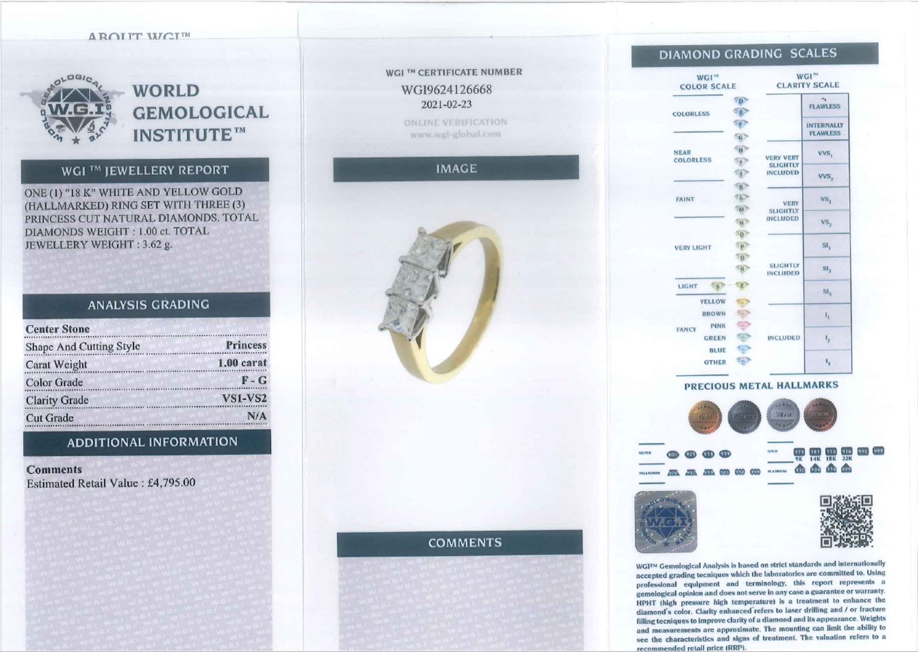18ct gold diamond ring, set with three princess cut diamonds, hallmarked, total diamond weight 1.00 carat, with World Gemological Institute report