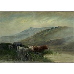J Marshall (British 20th century): Highland Cows, oil on card signed 55cm x 80cm