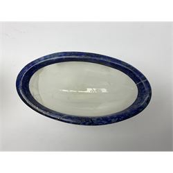 Pair of lapis lazuli and agate open salts, of navette form, upon a stepped oval pedestal foot, H5cm, L8cm
