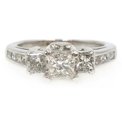  14ct white gold princess cut trilogy diamond ring with diamond shoulders, hallmarked, diamonds approx 1 carat  