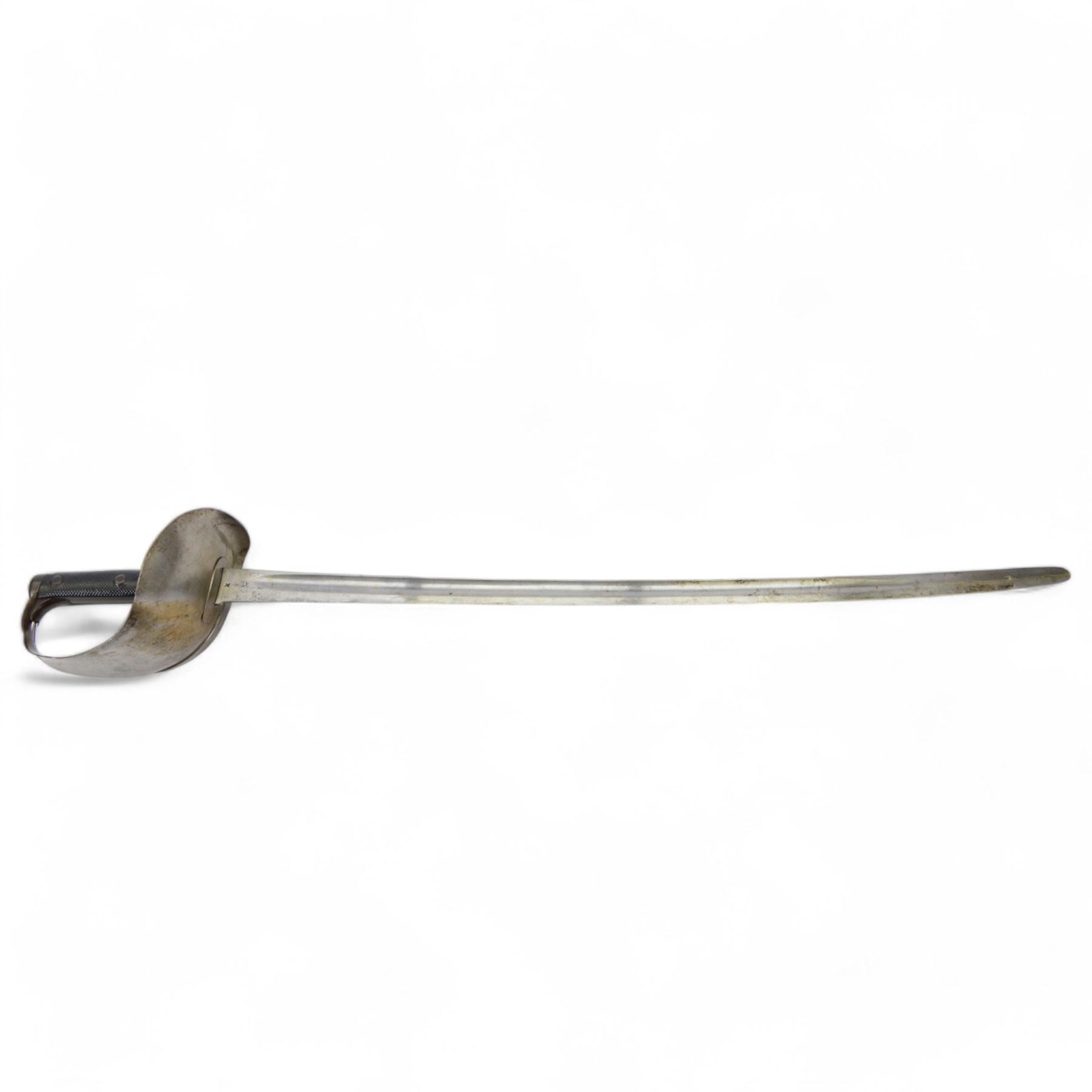 17th Lancers 1899 cavalry sword, with L83cm single-edged slightly curved blade, top of blade etched '30E 66/', broad sheet steel guard stamped '2/1901 17L 72' with black fish-skin grip, in steal scabbard, overall L100cm   

