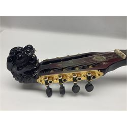 Chinese F-hole eight-string mandolin with sunburst finish, mother-of-pearl inlay of dragons chasing the flaming pearl and dragon carved headstock L71cm