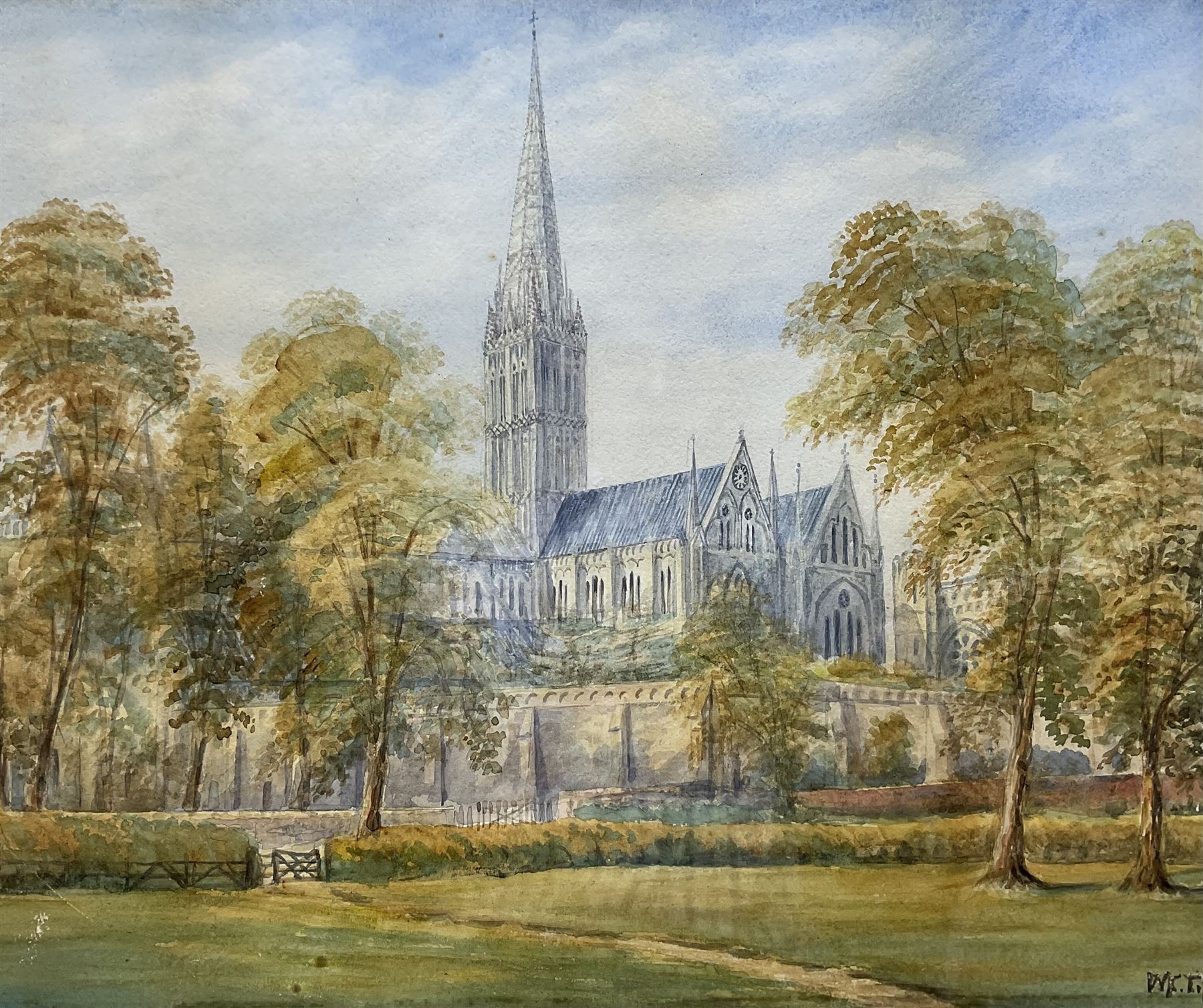 English School (20th century): Salisbury Cathedral, watercolour indistinctly signed 38cm x 46cm