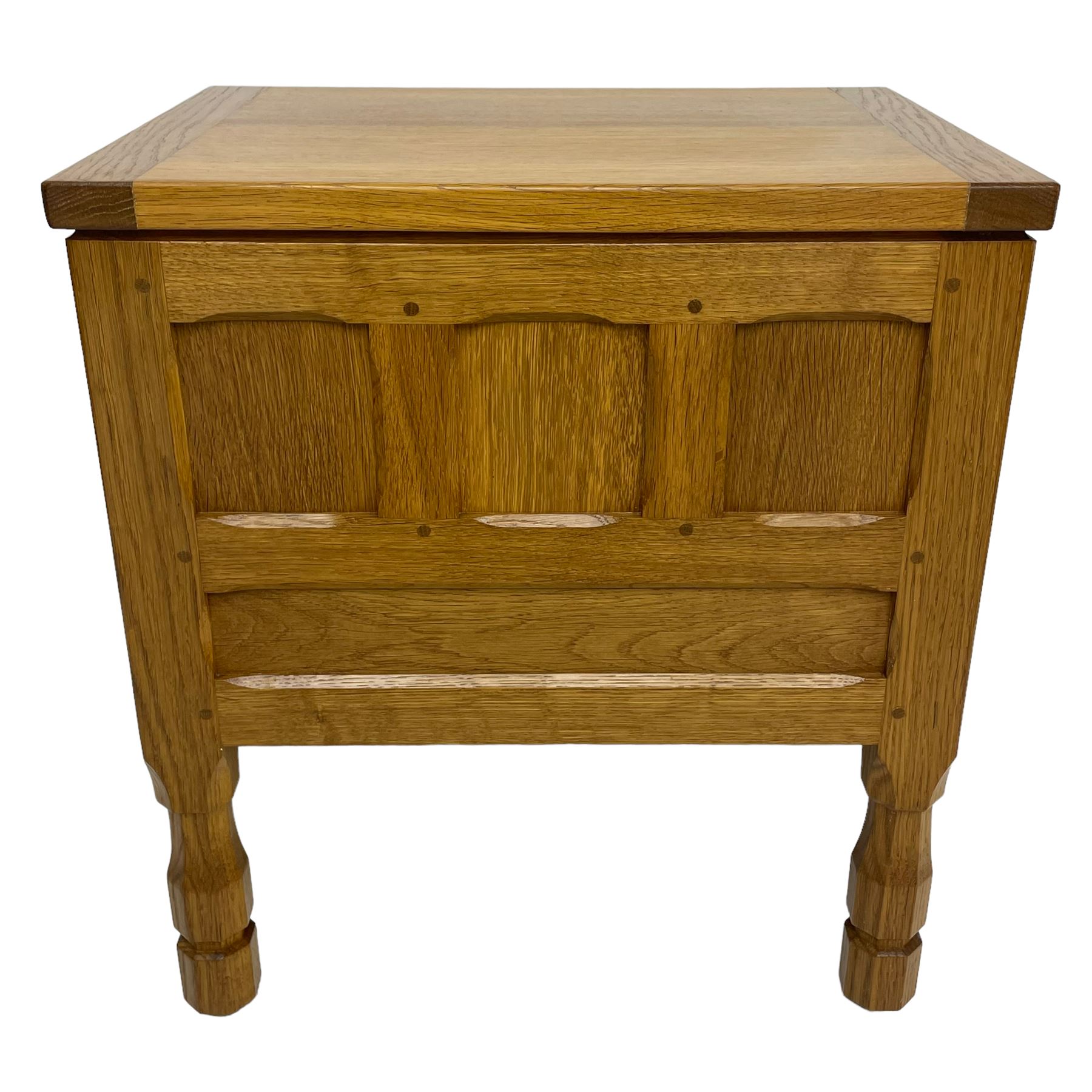 Brian Haw (former Mouseman carver) - Yorkshire oak work or sewing box, hinged lid with panelled sides, fitted with through drawer, on octagonal feet
