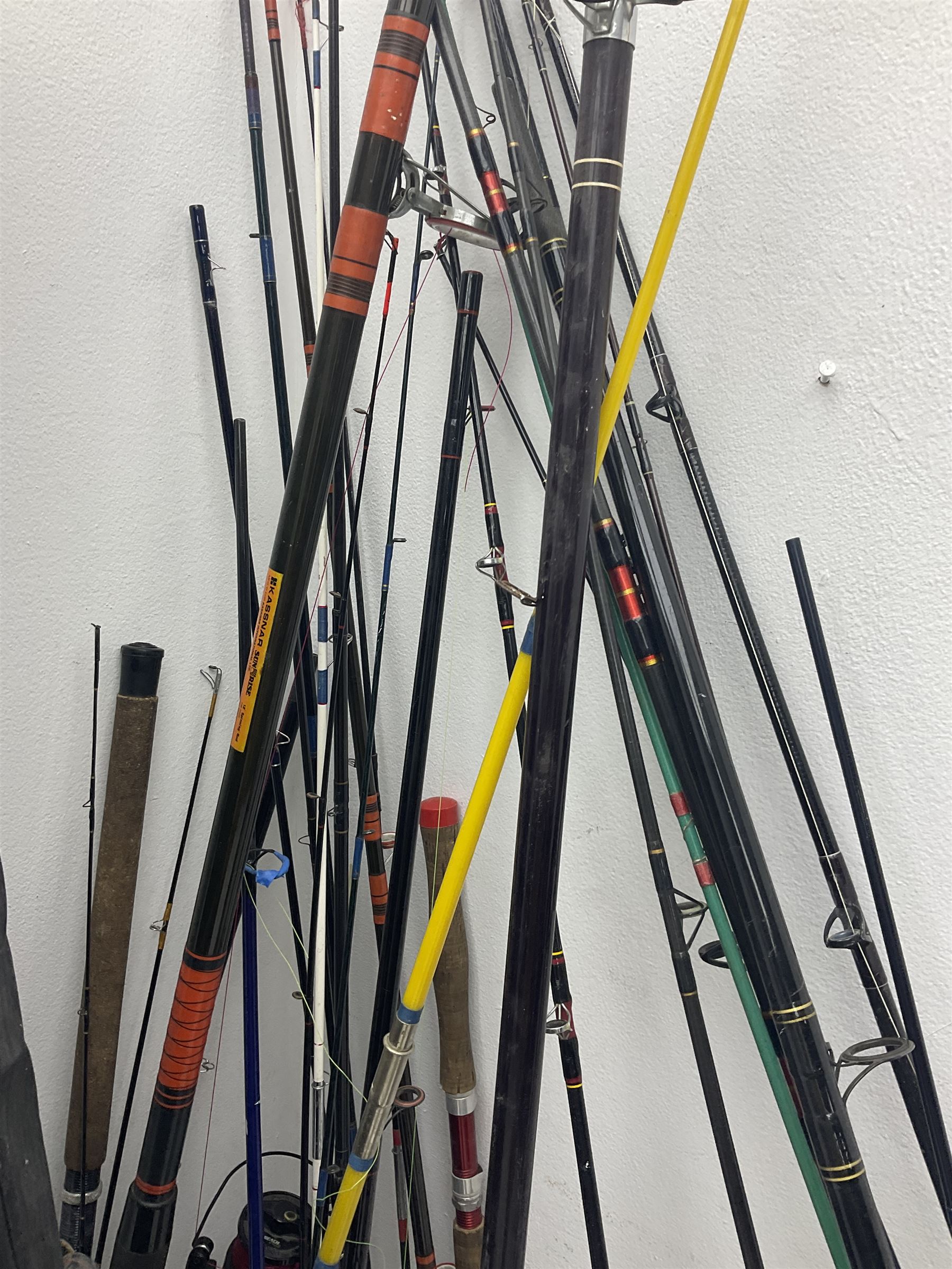 Large collection of part fishing rods and reels, maker's including Silstar, Dynabraid and Madfish, etc 