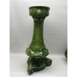 Jardiniere and stand, the jardiniere modelled as a pale, the stand with foliate and foliage decoration on a green ground, stand H73cm 