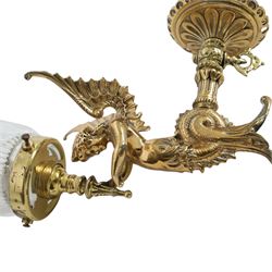 Pair of Victorian style wall sconces, each modelled as a caryatid supporting a single light fitting in one raised arm, with tapering and fluted clear glass shade, approximately H31cm D21cm