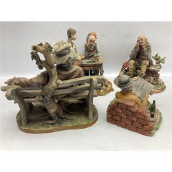 Four Capodimonte figure groups, to include tramp figures, shoemaker figure etc