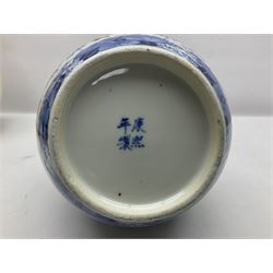 19th century Chinese blue and white double gourd form vase, decorated with blooming peonies and birds in flight, H36cm