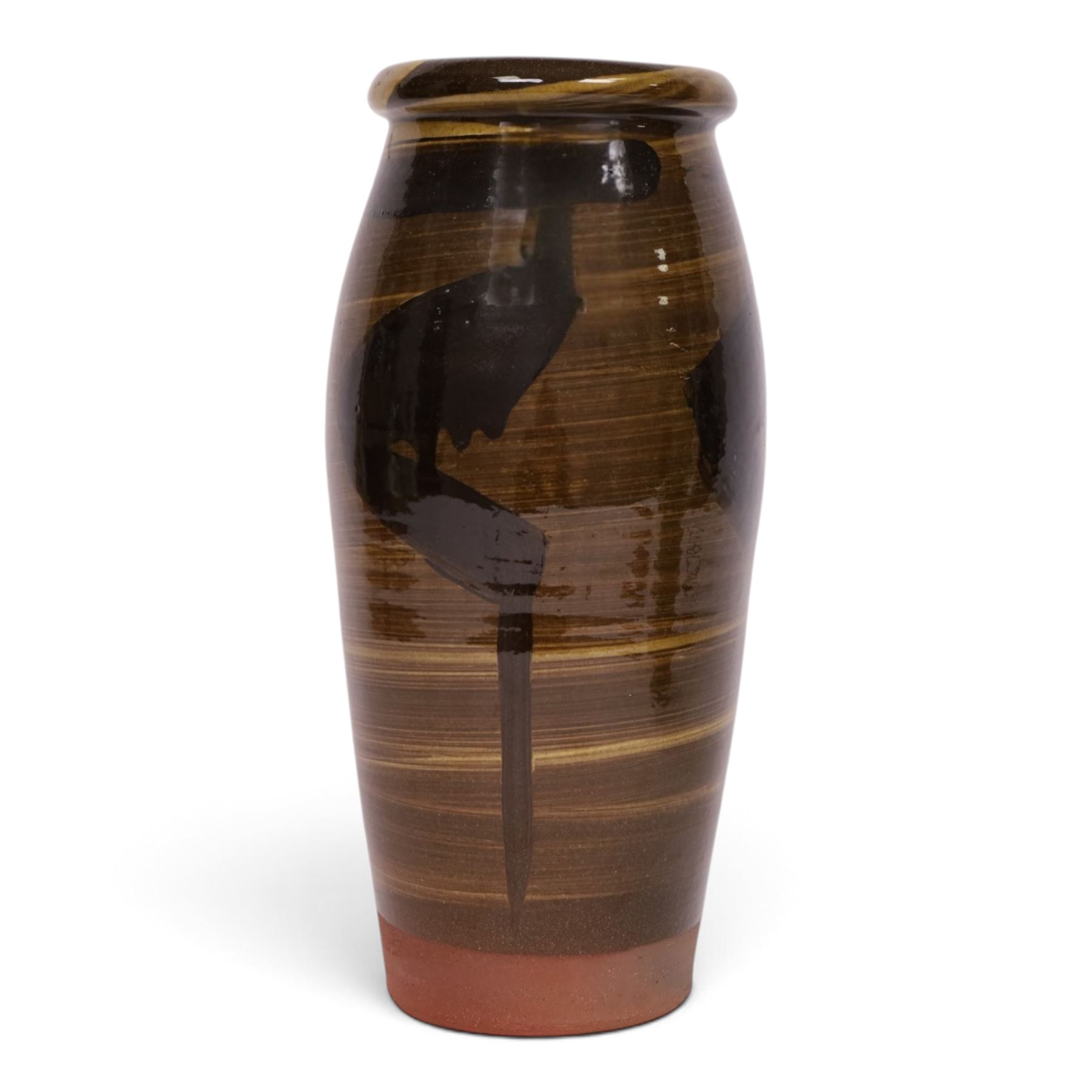 Studio pottery vase by Menston Art Pottery, decorated with brown and green slipware design, H39cm