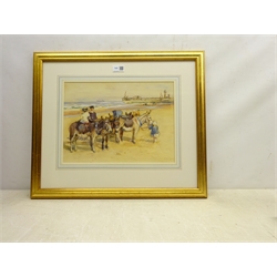  John Atkinson (Staithes Group 1863-1924): Donkeys on the Beach at Whitby, watercolour heightened in white signed 27cm x 36.5cm  