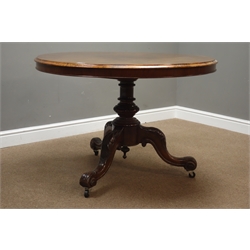  Victorian walnut breakfast table, circular burr tilt top, on turned column with three acanthus carved supports, D105cm, H73cm  