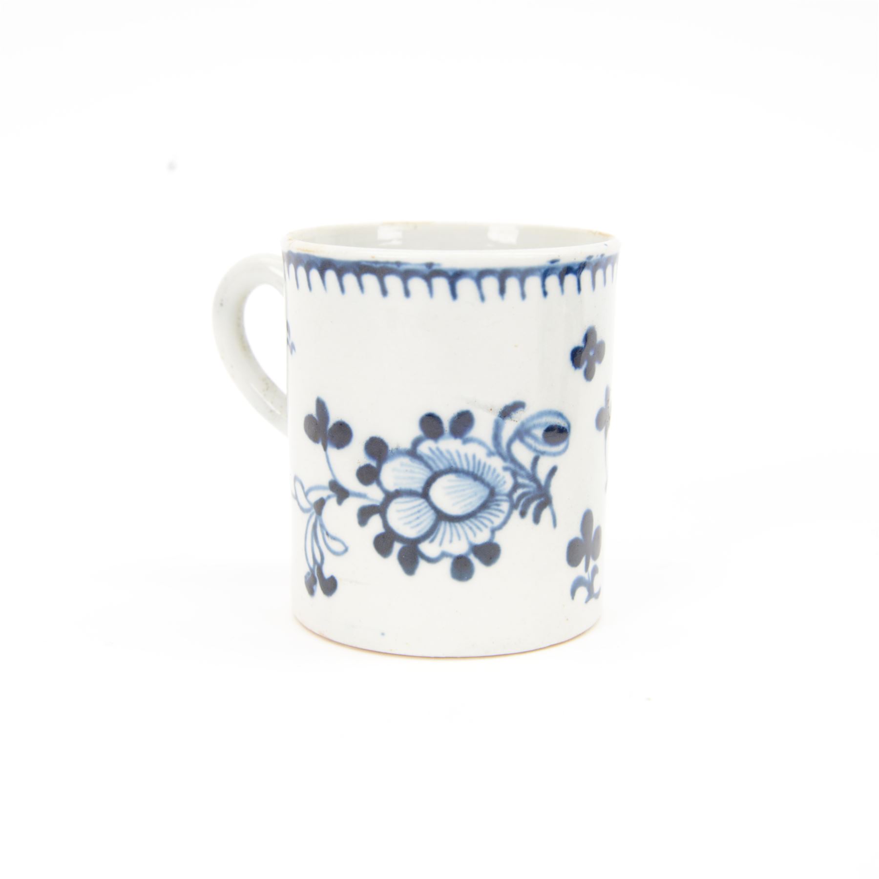 18th century Liverpool porcelain coffee can, circa 1770, probably Phillip Christian, decorated in the Profile Bud pattern, together with a pair of 18th century Caughley porcelain coffee cans, circa 1785, decorated in the Fisherman or Pleasure Boat pattern, each H6.5cm