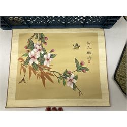 Six Chinese silks on fabric panels embroidered with birds on blossoming branches, along with three other Chinese painted silks 