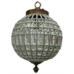 India Jane Interiors - pair of gilt metal and glass spherical ceiling light pendants, decorated with glass beads and pendants, foliage cast metal upper band, mounted by lower finial - ex-display/bankruptcy stock 