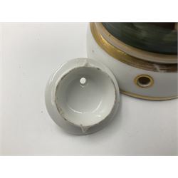 Two 19th century continental teapots and warmers, each teapot upon a cylindrical warming base, hand printed with seascapes, largest H22cm 