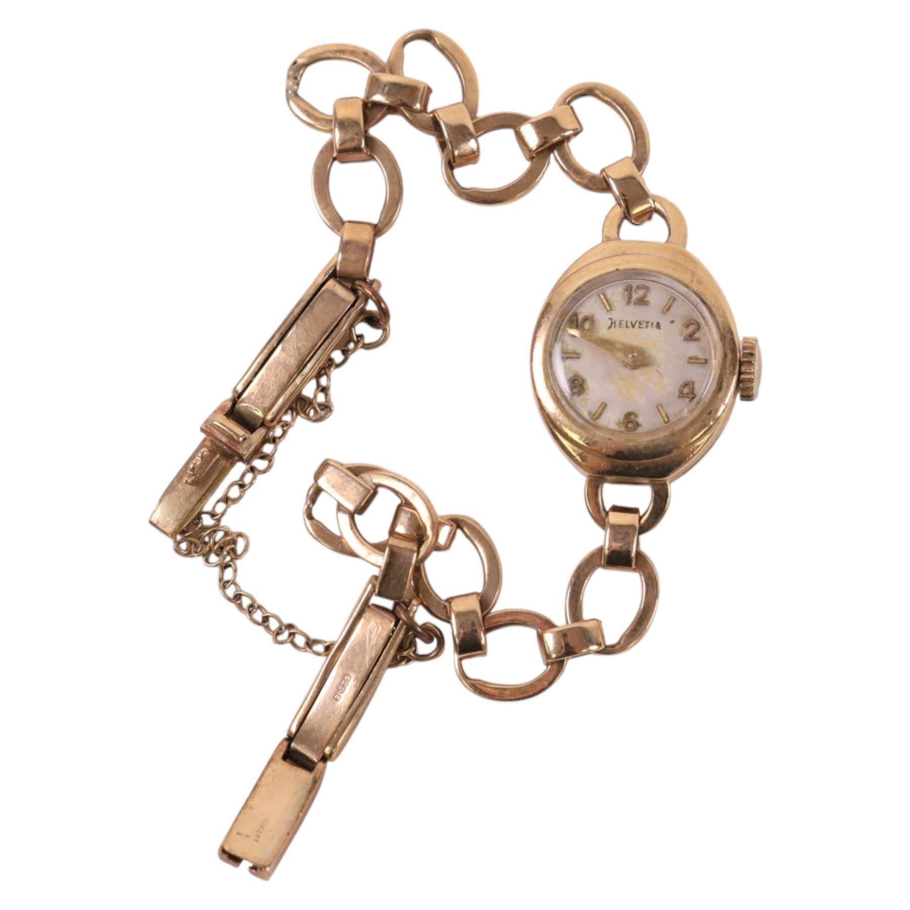 9ct gold cased ladies Helvetia wristwatch on 9ct gold bracelet, together with a 9ct gold bow brooch, hallmarked with a gold plated locket pendant