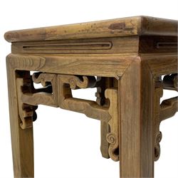 Early 19th century Chinese Qing dynasty jichimu wood stool or side table, Shanxi province, panelled square top, shaped upper rail carved with scrolls, on square supports with hoof feet 