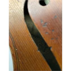 French Mirecourt violin c1920s with 36cm one-piece maple back and ribs and spruce top, labelled Jermone Thibouville-Lamy, L59cm, in fitted carrying case with German bow and 1984 valuation certificate by Frome Valley Music