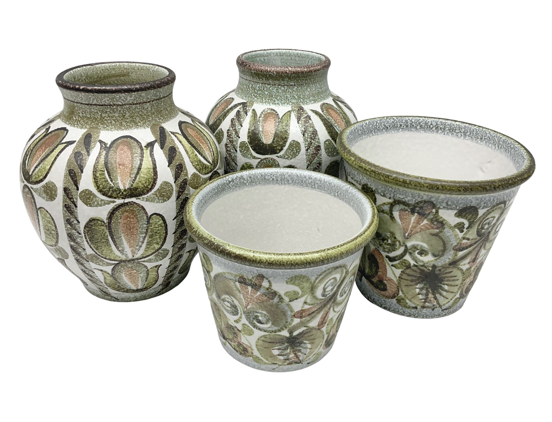 Pair of Denby Glyn Colledge stoneware vases of baluster form with floral decoration over cream ground, together two jardiniere in a similar design, vases H24cm