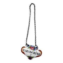 Seventeen mid 18th century and later enamel wine labels, one example of heart shaped form, the rest of cartouche and escutcheon form, various titles including Claret, Rum, Sloe Gin, Port, Whisky, Cowslip, Cherry-Brandy, etc., largest example W7cm 