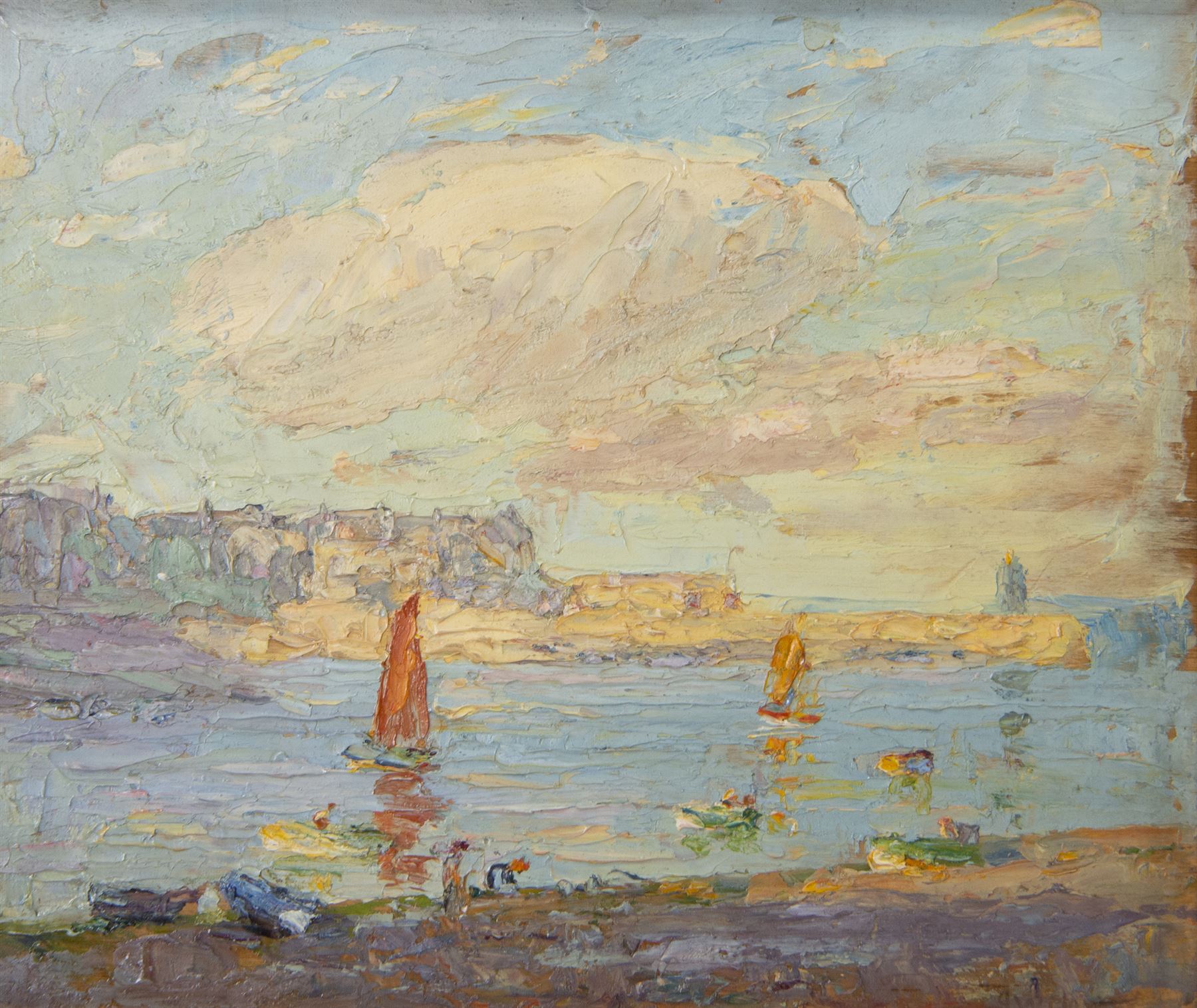 John William Howey (Staithes Group 1873-1938): 'Evening - Hartlepool Harbour', oil on panel signed, titled verso 24cm x 29cm Provenance: David Duggleby Ltd. 8th December 2023, Lot 129; private collection, purchased T B & R Jordan Fine Art Specialists, Stockton on Tees; the Jordans were responsible for dispersing the estate of Robert Leslie Howey (1900-1981), the artist's son. A fine example of English Impressionism, exemplifying the Staithes Group's French influence