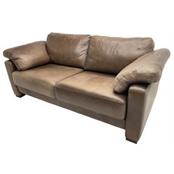 Heals - contemporary two seat 'Palermo' sofa, upholstered in chocolate brown leather, raised on wooden block feet
