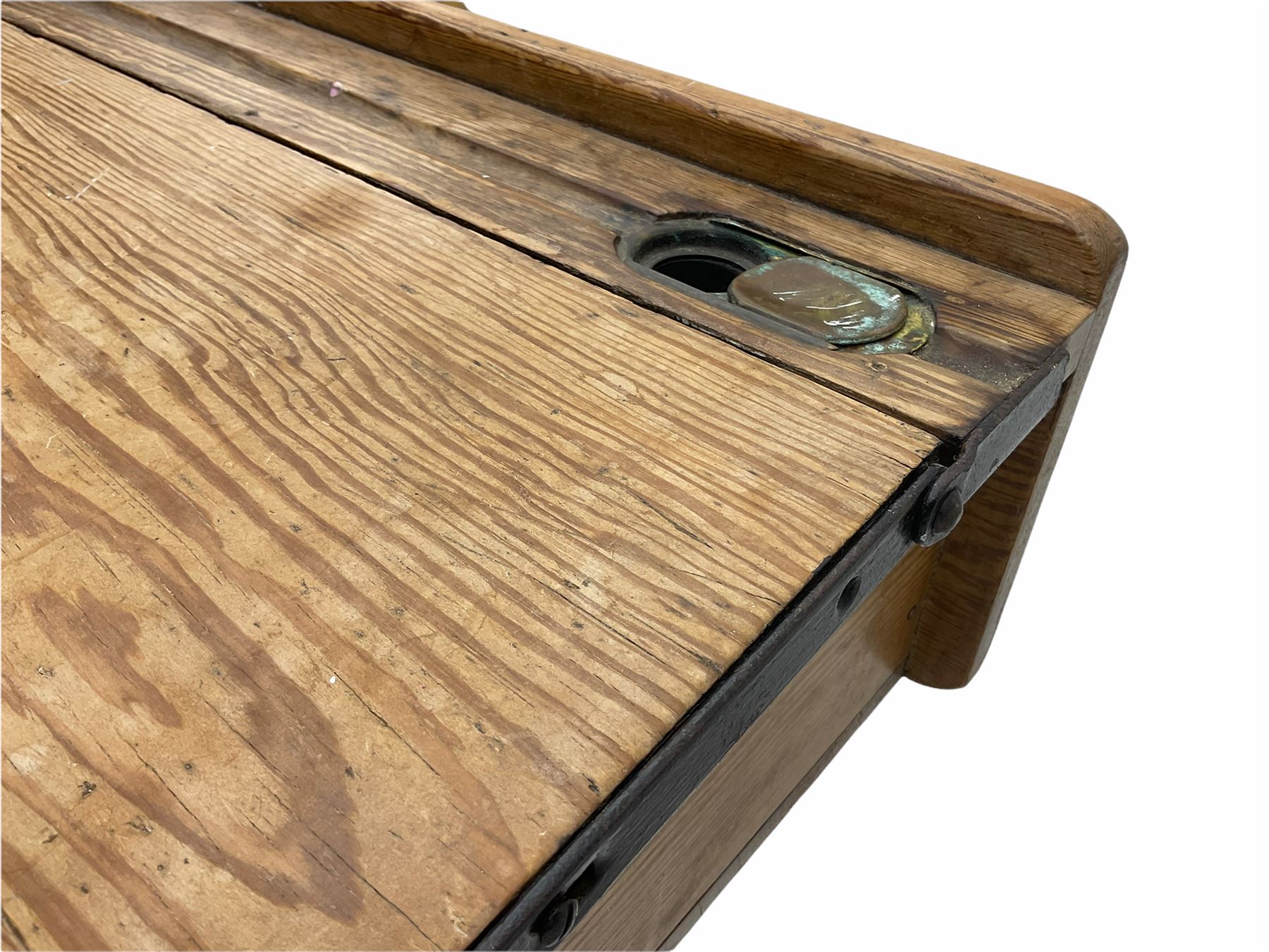 Early 20th century school desk, pine and cast iron, two sectional with hinged lids, the irons marked ‘Addision Ltd.’