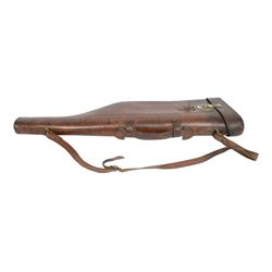 Leather leg of mutton shotgun case, with brass lock plate, L81cm, together with a walnut topped thumbstick L140.5cm, and a blackthorn walking stick L112cm
