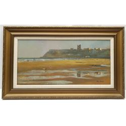 Alan Stuttle (British 1939-): Seagulls over 'Scarborough' North Bay, oil on canvas signed, titled and dated 1989 verso 24cm x 50cm