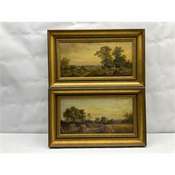 J B Cook (British 19th century): Hay and Harvest Fields, pair oils on canvas signed and dated '74, 19cm x 40cm (2)