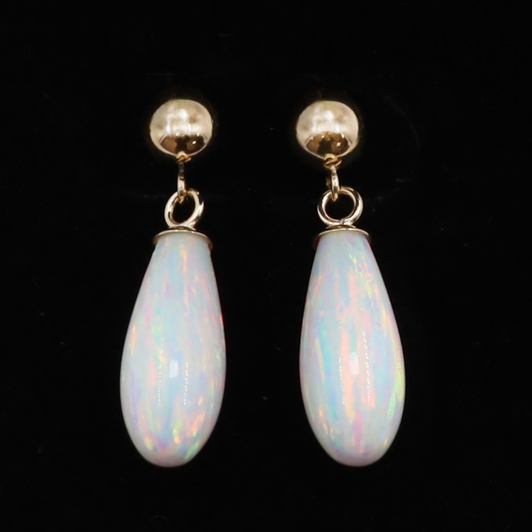 Pair of opal pendant stud earrings, stamped 375