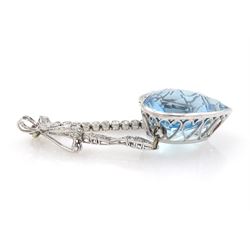 Platinum aquamarine and diamond pendant / brooch, the large faceted heart cut aquamarine, mounted within an openwork heart design gallery, suspending from a polished and milgrain set old cut diamond pendant, with bow design brooch top, set with further old cut diamonds and a single marquise cut diamond, in fitted velvet and silk lined box by Bloom & Sons, London, aquamarine approx 55.00 carat, total diamond weight approx 0.60 carat