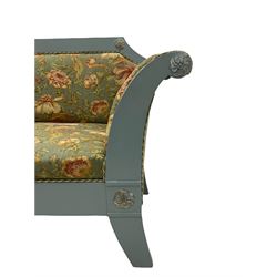 French empire style settee upholstered in 'Leighton' by Margarita Cushing floral fabric, grey painted and gilt frame