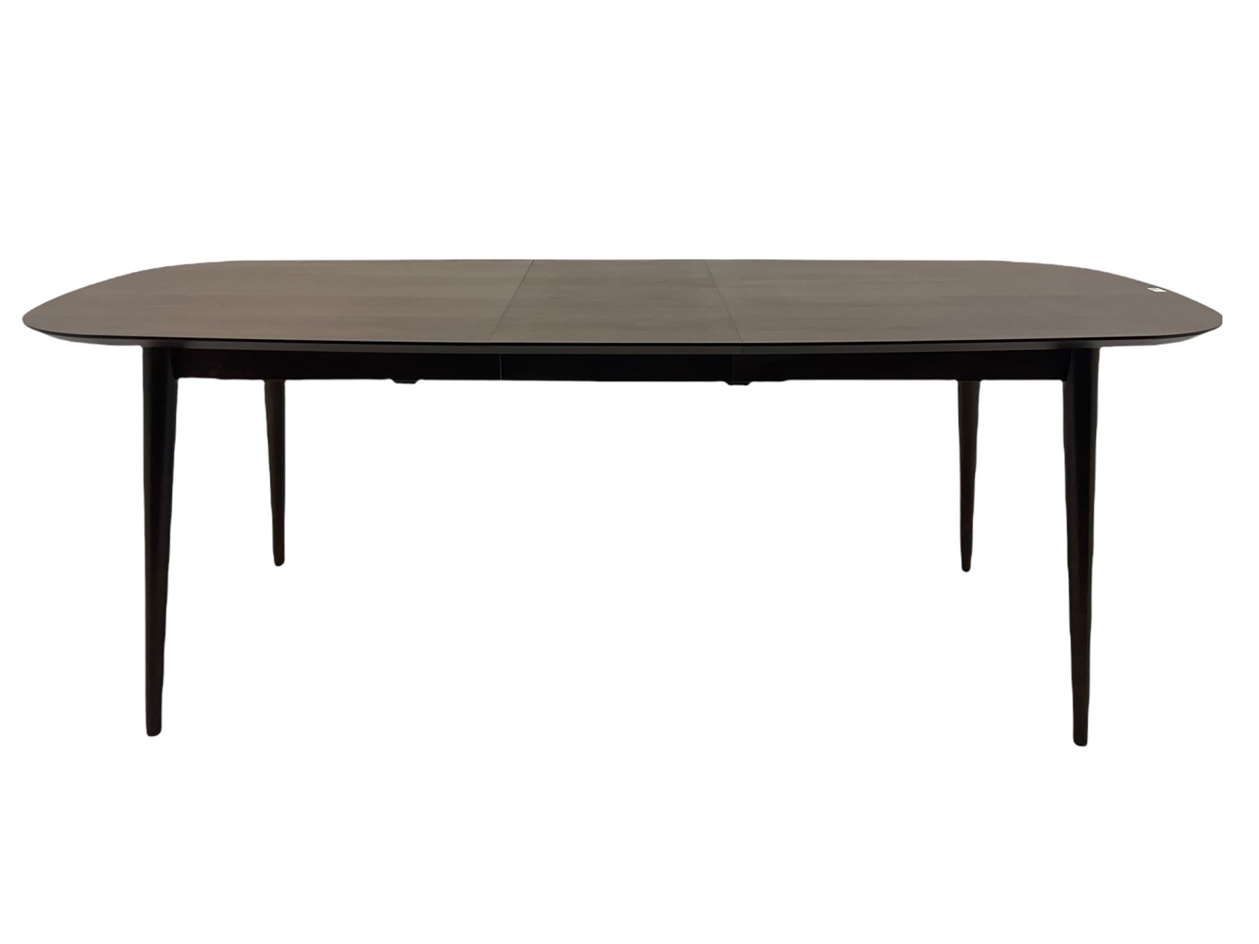 Bentley Designs - Premier collection 'Oslo' contemporary walnut extending dining table and six chairs upholstered in steel grey fabric. 